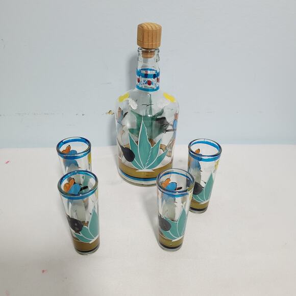 Vintage Hand Painted Mexican Teguila Decanter Set With 4 Shot Glasses 31826-1Bx9 - Picture 7 of 10